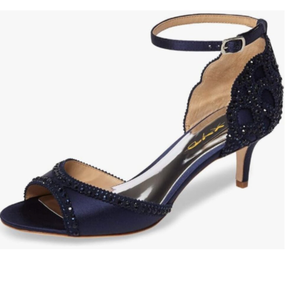 XYD Navy Peep Toe D'Orsay Kitten Low Heel Rhinestone Studs Ankle Strap Sandals